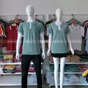 Áo thun đồng phục xanh lam phối cổ trắng sọc xanh đen